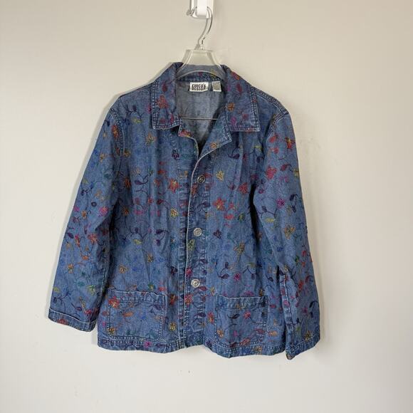 Chico's Jackets & Blazers - Chico’s Whimsical Floral Embroidered Denim jacket Sz 2 US L/12 Boho Hippie Gypsy